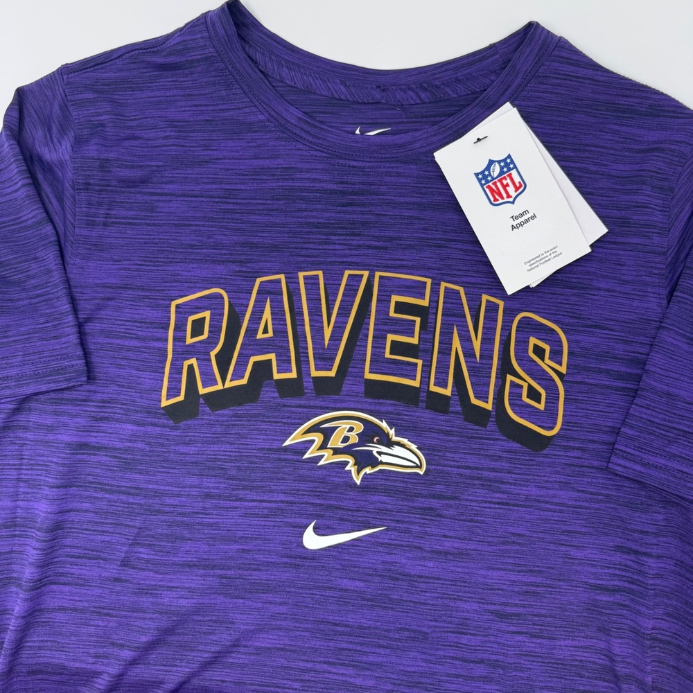 Nike NFL Baltimore Ravens Youth Dri Fit T Shirt Purple Gold Logo Large 14 16 NEW